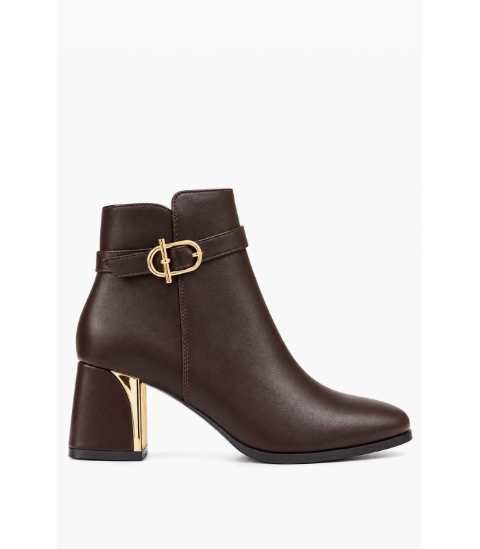 Καφέ ankle boots με χρυσή αγκράφα και τετράγωνο τακούνι
