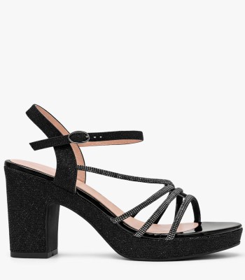Μαύρο πέδιλο με στρας λωρίδες και χοντρό τακούνι