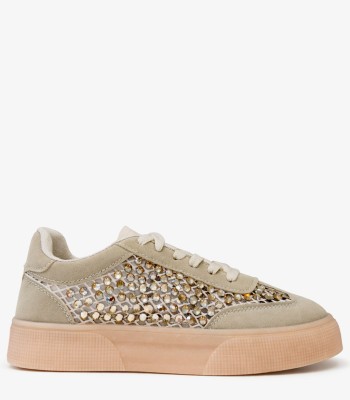 Μπεζ sneaker με στρας και gum σόλα