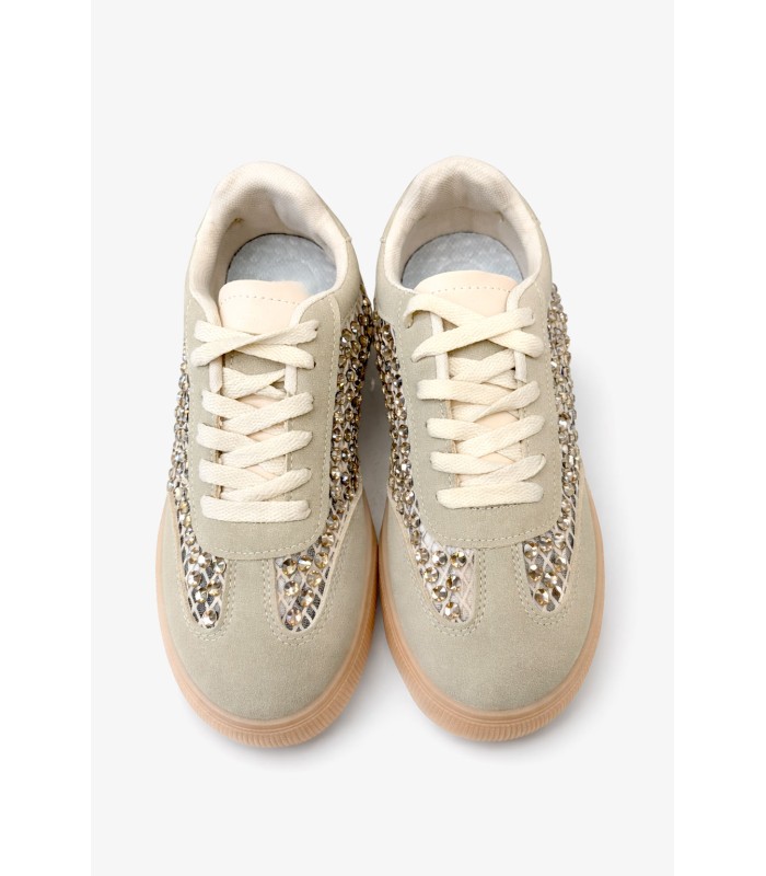 Μπεζ sneaker με στρας και gum σόλα