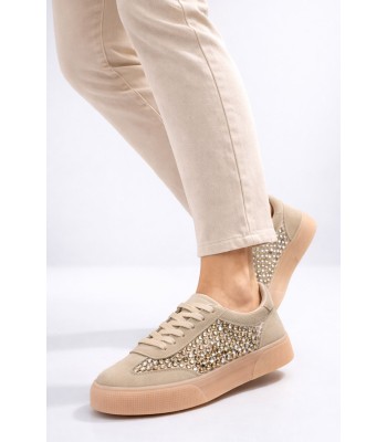 Μπεζ sneaker με στρας και gum σόλα