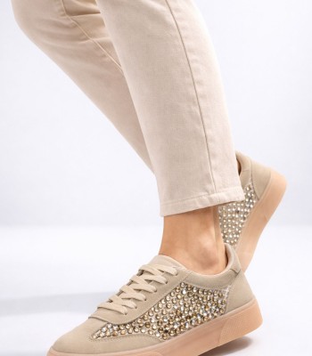 Μπεζ sneaker με στρας και gum σόλα