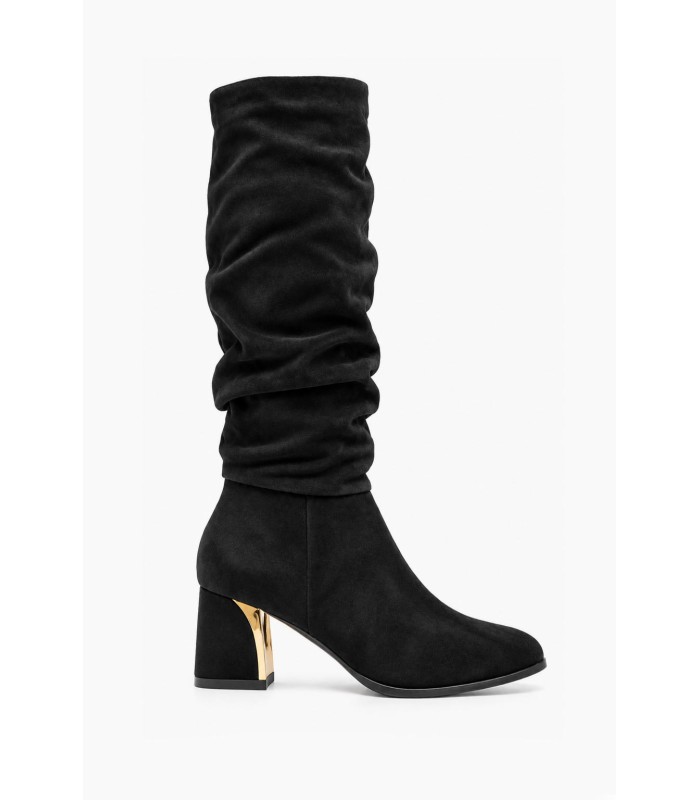 Μαύρες slouchy μπότες suede με χρυσή λεπτομέρεια στο τακούνι