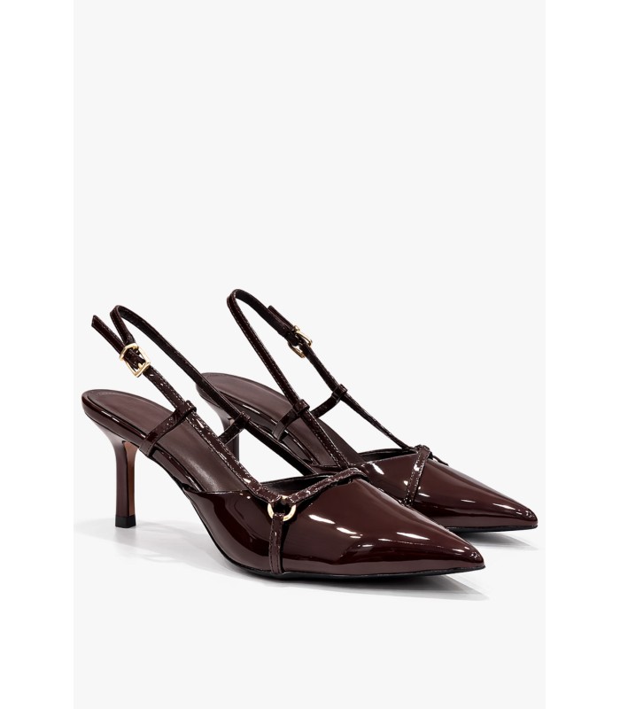 Καφέ γόβα λουστρίνι slingback με λεπτά λουράκια