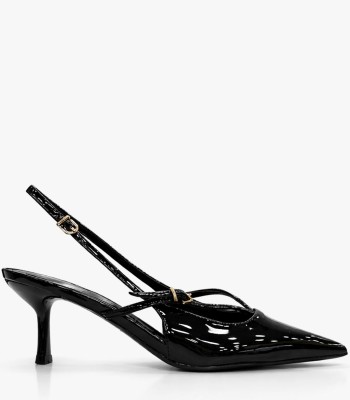 Μαύρη slingback γόβα λουστρίνι μεσαίο τακούνι