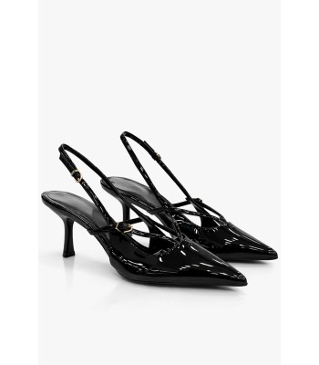 Μαύρη slingback γόβα λουστρίνι μεσαίο τακούνι
