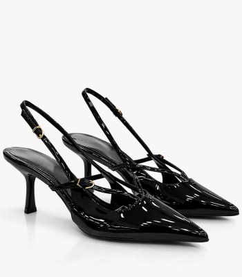 Μαύρη slingback γόβα λουστρίνι μεσαίο τακούνι
