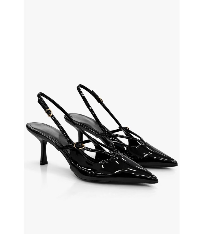 Μαύρη slingback γόβα λουστρίνι μεσαίο τακούνι