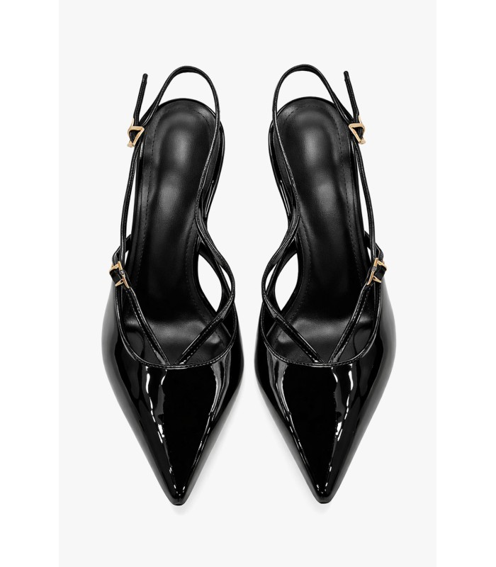 Μαύρη slingback γόβα λουστρίνι μεσαίο τακούνι