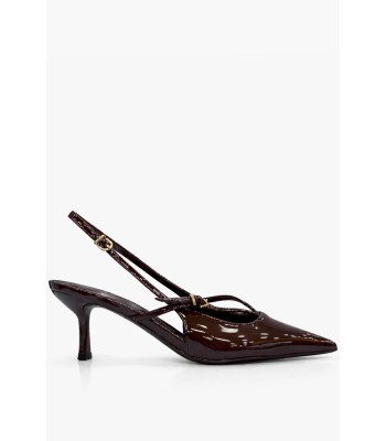 Καφέ slingback γόβα λουστρίνι μεσαίο τακούνι