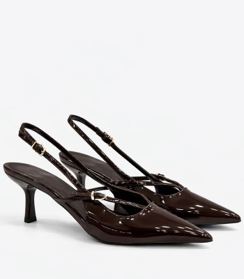 Καφέ slingback γόβα λουστρίνι μεσαίο τακούνι