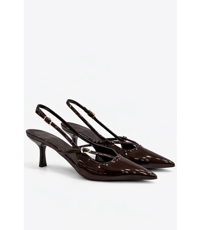 Καφέ slingback γόβα λουστρίνι μεσαίο τακούνι