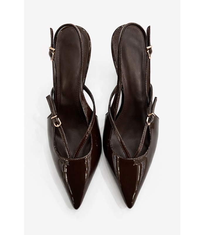 Καφέ slingback γόβα λουστρίνι μεσαίο τακούνι