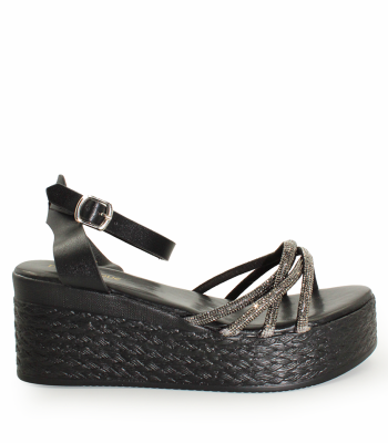 Μαύρο flatform με στρας και λουράκι αστραγάλου