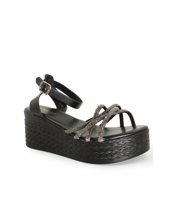 Μαύρο flatform με στρας και λουράκι αστραγάλου