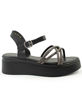 Μαύρο flatform με στρας και λουράκι στον αστράγαλο