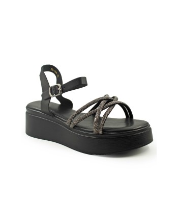 Μαύρο flatform με στρας και λουράκι στον αστράγαλο