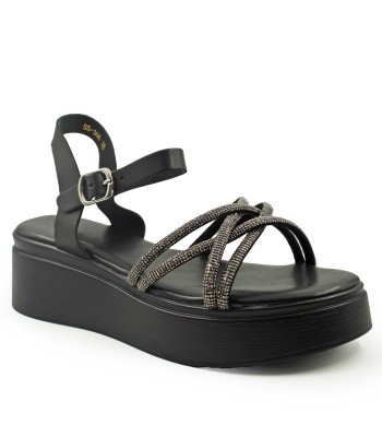 Μαύρο flatform με στρας και λουράκι στον αστράγαλο