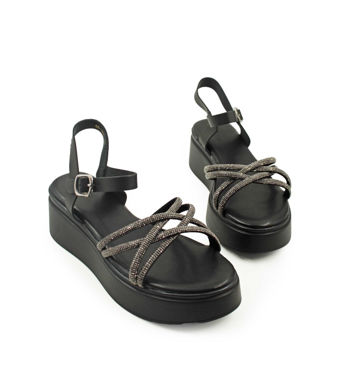 Μαύρο flatform με στρας και λουράκι στον αστράγαλο