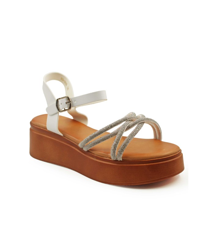 Λευκό flatform με στρας και λουράκι στον αστράγαλο