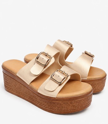 Μπεζ flatform με διπλή αγκράφα και καφέ σόλα