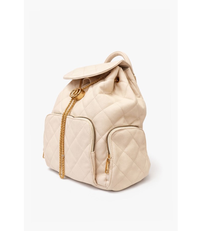 Μπεζ backpack με καπιτονέ σχέδιο και χρυσές λεπτομέρειες