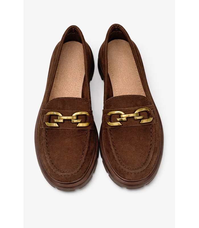 Καφέ loafer suede με μεταλλική αγκράφα και chunky σόλα