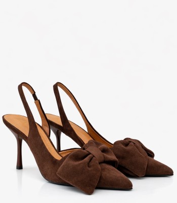 Καφέ γόβα slingback με φιόγκο και λεπτό τακούνι