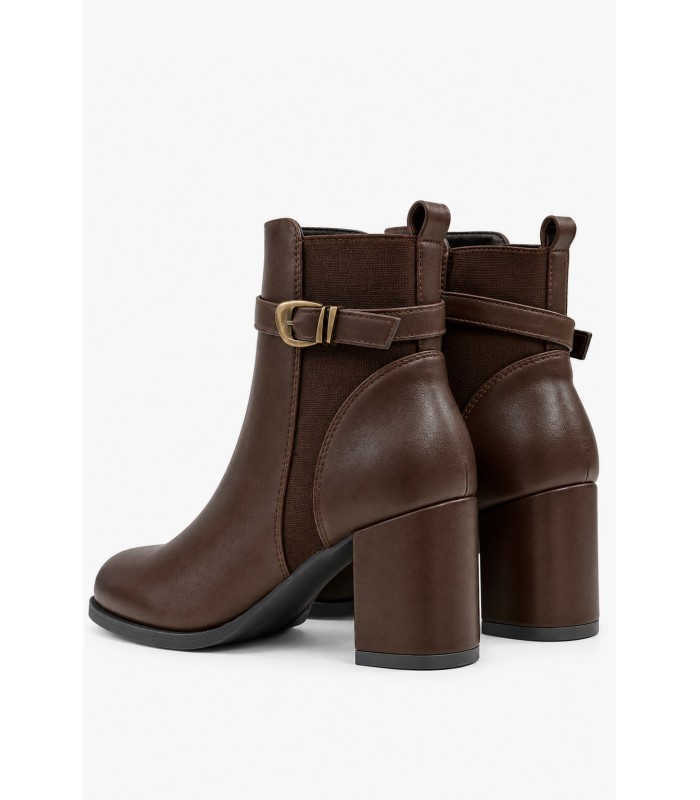 Καφέ ankle boots με χρυσή αγκράφα και χοντρό τακούνι