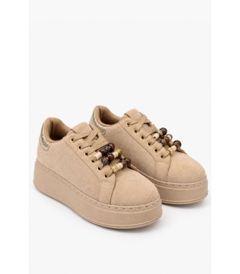 Μπεζ sneakers με χοντρή σόλα και διακοσμητικές χάντρες