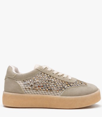 Μπεζ sneaker με στρας και gum σόλα