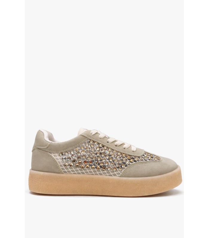 Μπεζ sneaker με στρας και gum σόλα