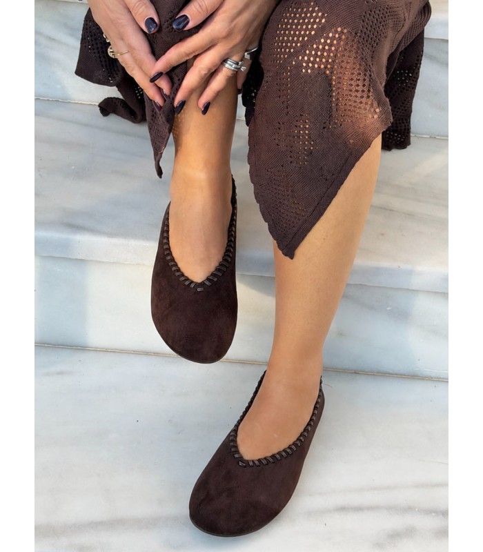 Καφέ μπαλαρίνες suede με πλεκτή λεπτομέρεια