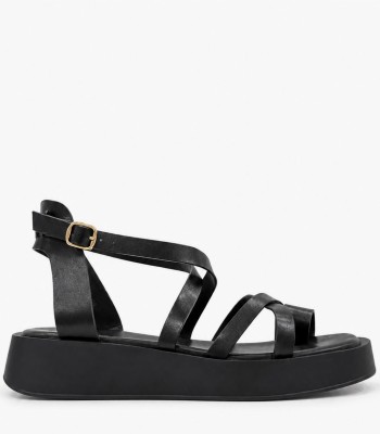 Μαύρο flatform με λουράκι δαχτύλου και χιαστί λουράκια