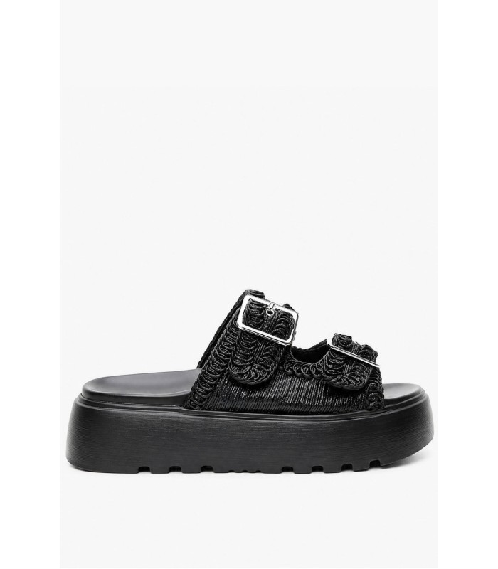 Flatform σανδάλι σε μαύρο χρώμα με διπλή αγκράφα και ανάγλυφη πλέξη