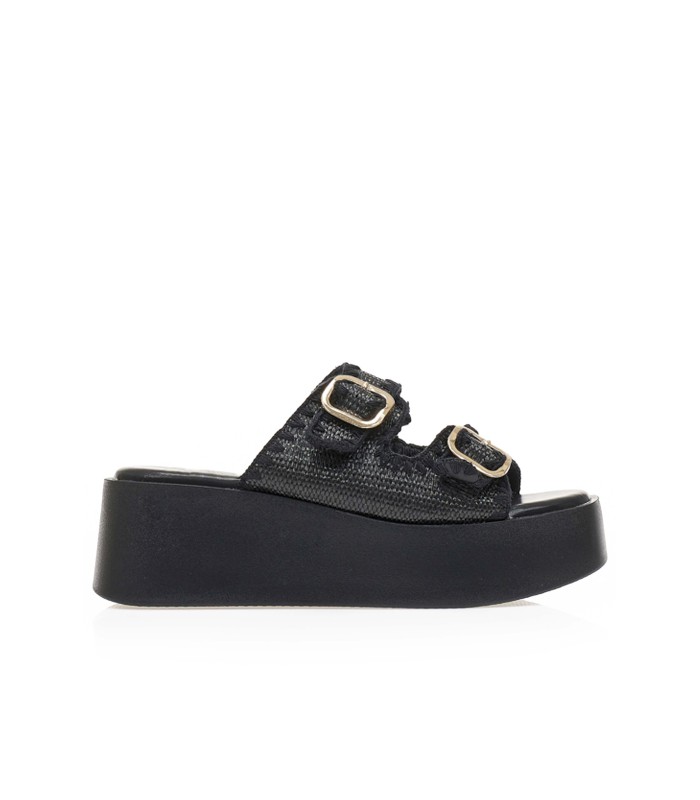 Flatform σε μαύρο χρώμα με πλεκτή υφή και μεταλλικές αγκράφες