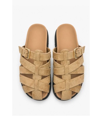 Μπεζ flatform με πλεγμένα λουριά και αγκράφα