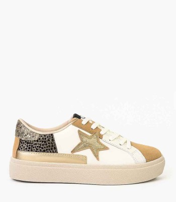 Μπεζ sneaker με χρυσό αστέρι και leopard λεπτομέρειες
