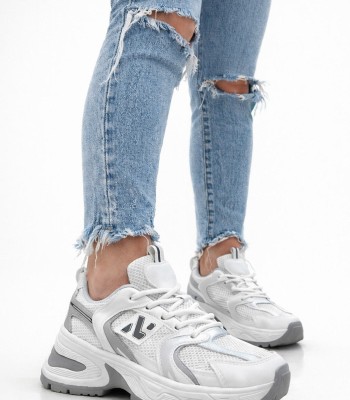 Λευκό sneaker chunky με mesh ύφασμα και γκρι λεπτομέρειες