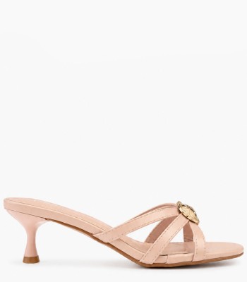 Nude mule kitten heel με λεπτές φάσες και χρυσή αγκράφα