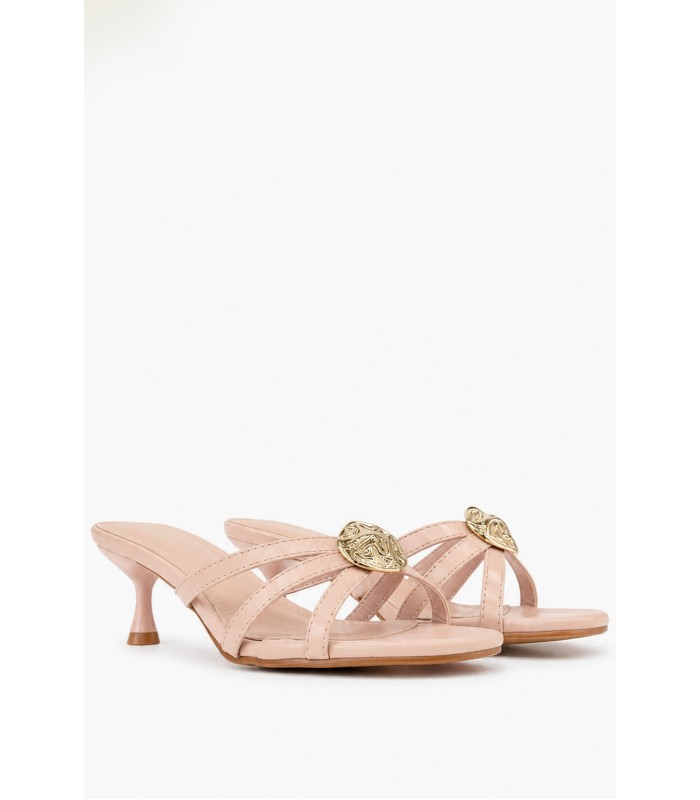 Nude mule kitten heel με λεπτές φάσες και χρυσή αγκράφα