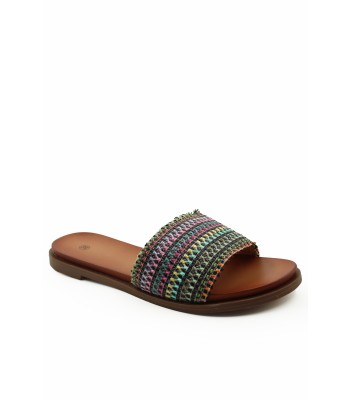 Boho flat σανδάλι με πολύχρωμη υφαντή φάσα σε καφέ χρώμα