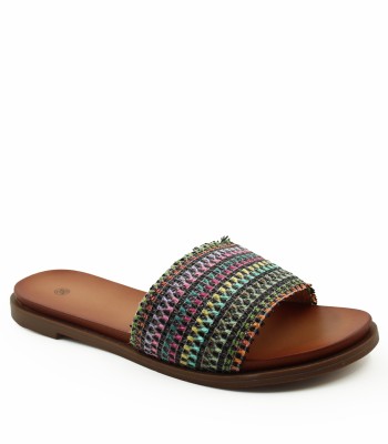 Boho flat σανδάλι με πολύχρωμη υφαντή φάσα σε καφέ χρώμα