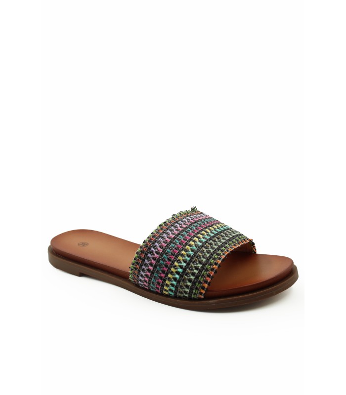 Boho flat σανδάλι με πολύχρωμη υφαντή φάσα σε καφέ χρώμα