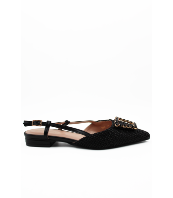 Slingback μαύρο με ψάθινο εφέ και διακοσμητικό με strass