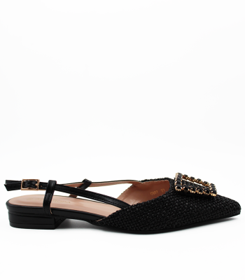 Slingback μαύρο με ψάθινο εφέ και διακοσμητικό με strass