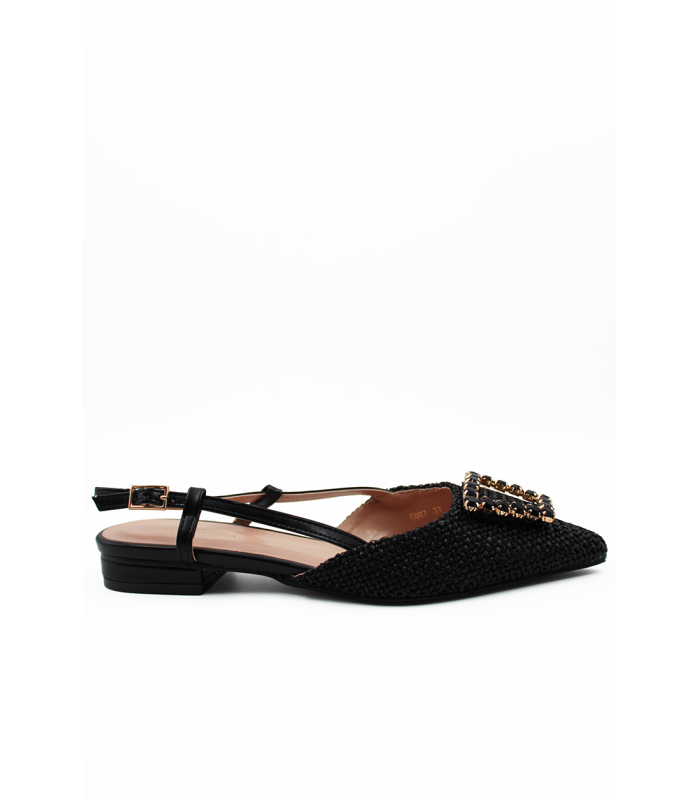 Slingback μαύρο με ψάθινο εφέ και διακοσμητικό με strass