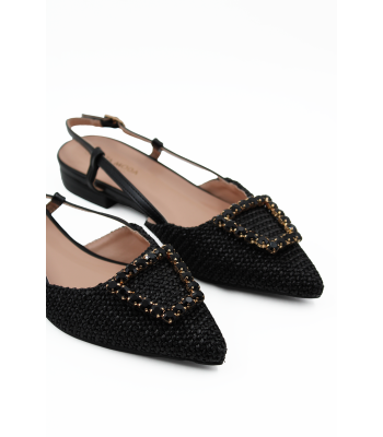 Slingback μαύρο με ψάθινο εφέ και διακοσμητικό με strass