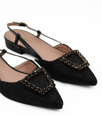 Slingback μαύρο με ψάθινο εφέ και διακοσμητικό με strass
