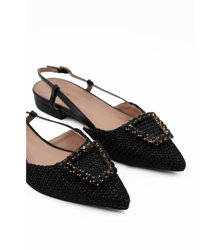 Slingback μαύρο με ψάθινο εφέ και διακοσμητικό με strass